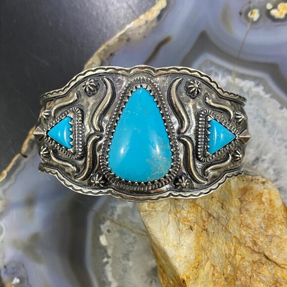 Carolyn Pollack Sterling Silver 3 Turquoise Decorated Heavy Bracelet For Women - Picture 4 of 10